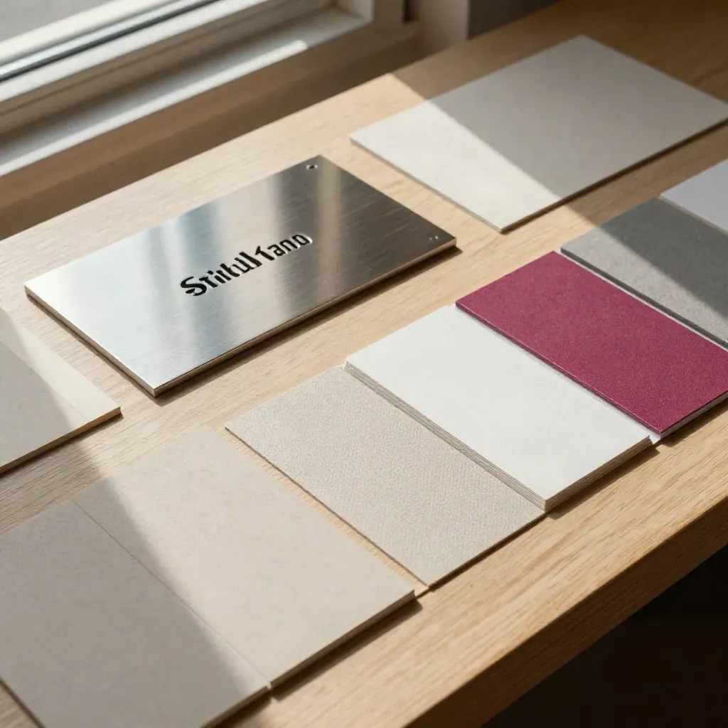 Tablero modular de identidad para startup con logo metálico y muestras de papel en luz cálida