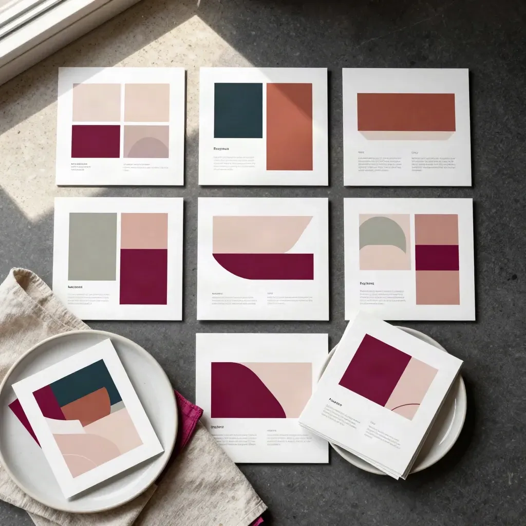 Flat lay de siete piezas cuadradas impresas, tela doblada y plato cerámico con acento magenta.