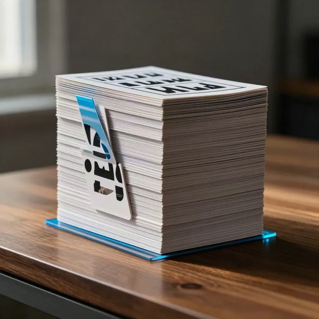 Pilas de portadas verticales para reels, con recortes gráficos y luz azul en una mesa oscura.